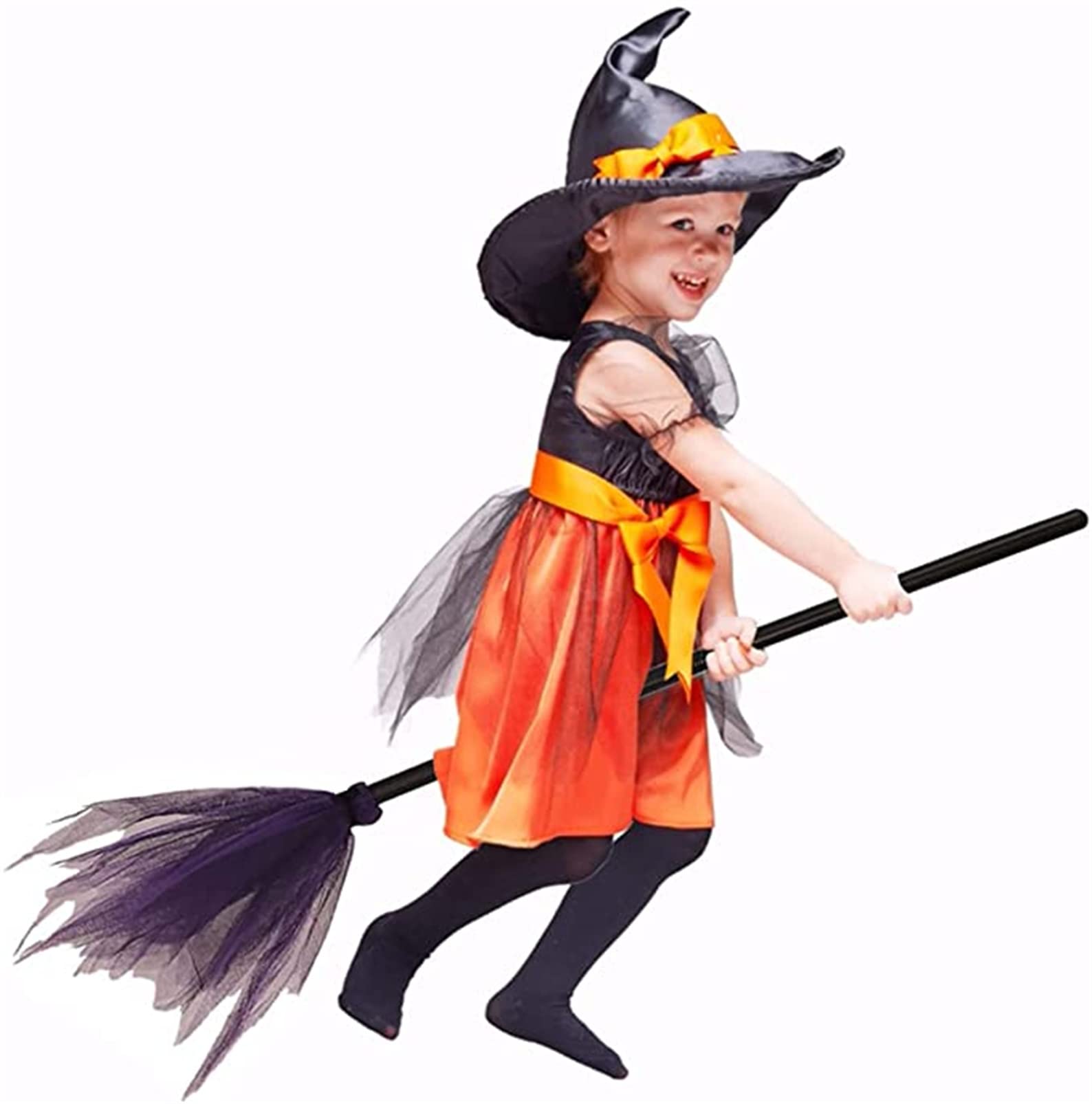 Halloween Witch Broom, Witch Cosplay Costume Party Decoration Broom Props, Halloween Masquerade Kids Show Broom Set Haunted House Decoration (Orange)