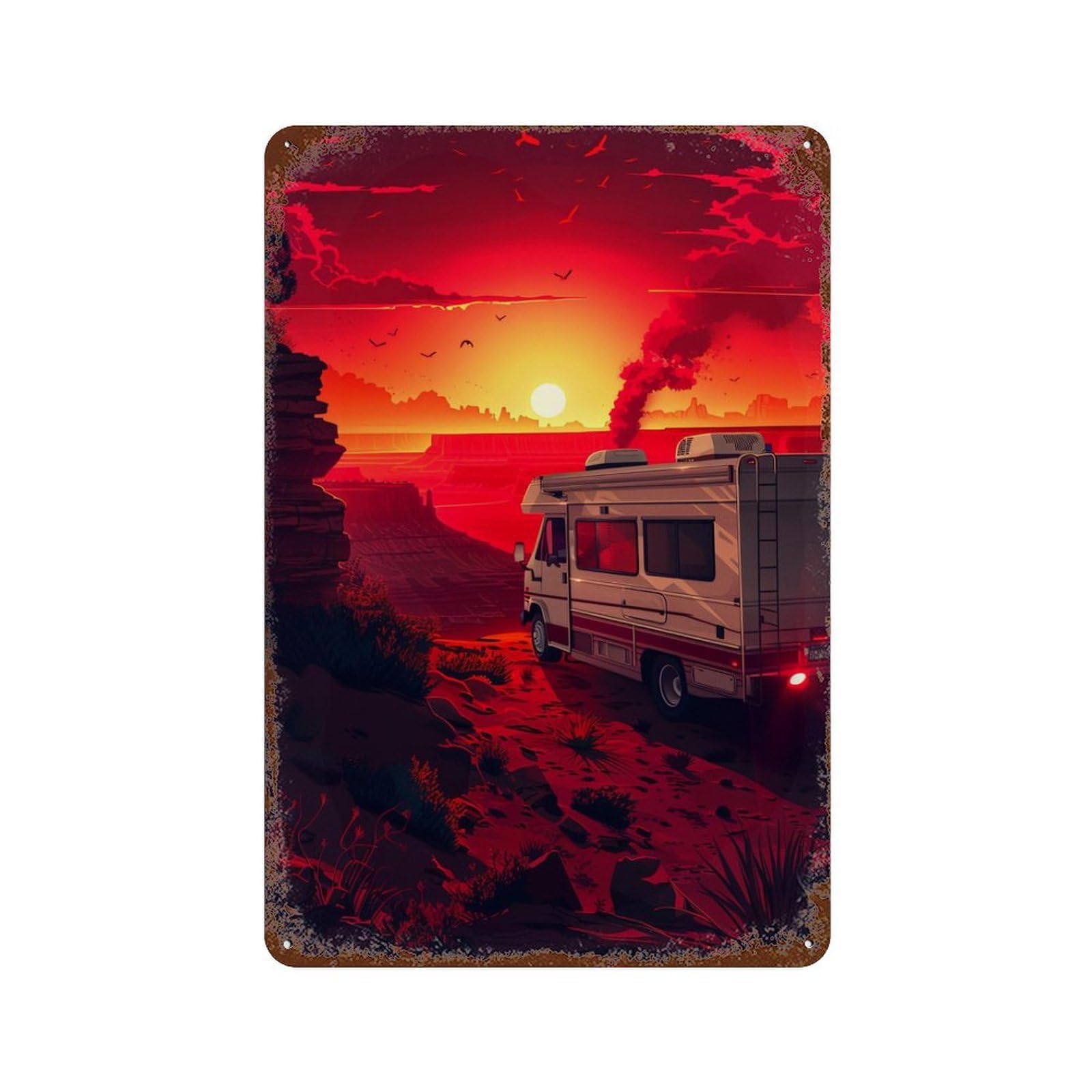Aged Metal Wall Plaque with Desert Sunset Camper Adventure -1 Design 11.8"x7.9", for Shed, Workshop And Garage Wall Decor, Decorative Metal Wall Art