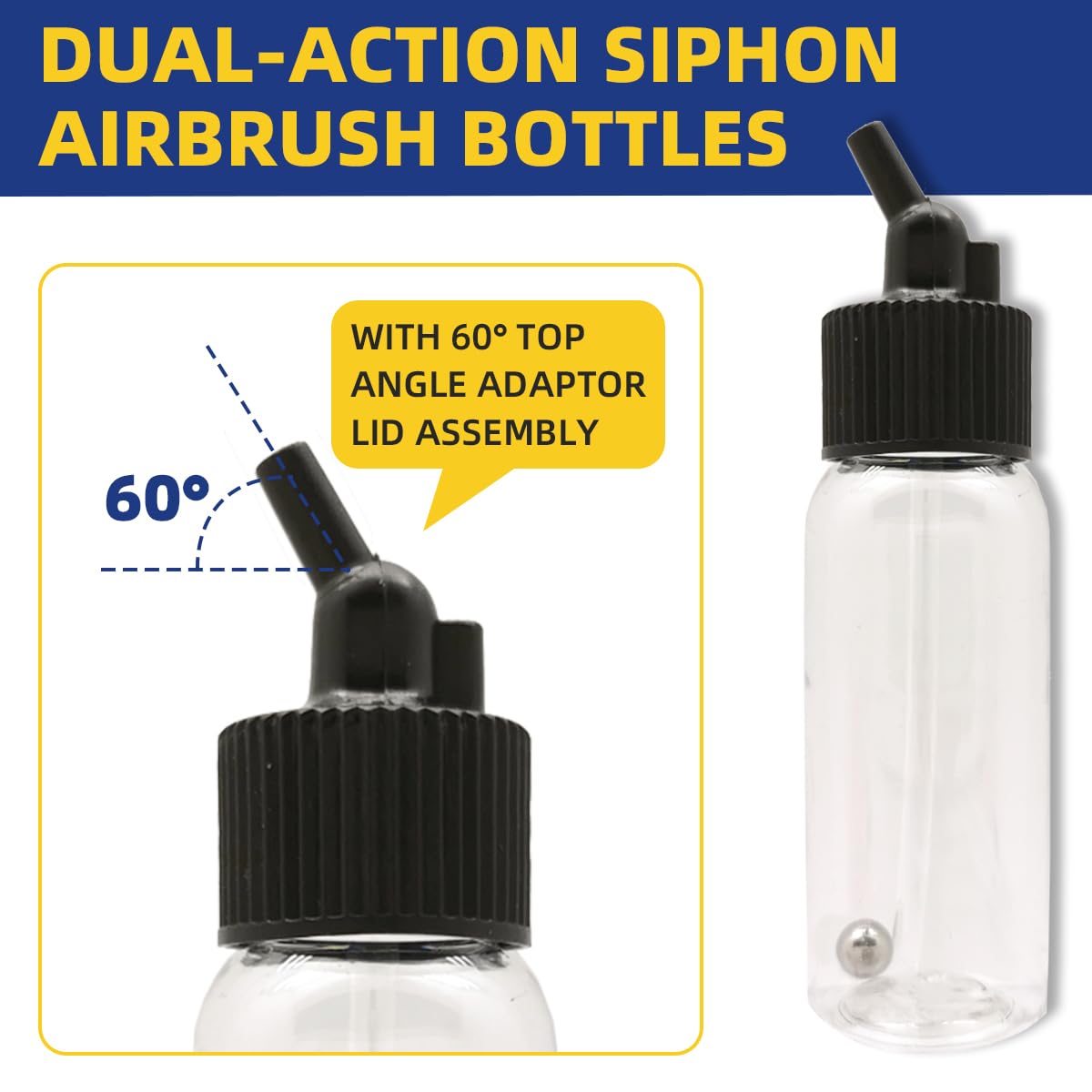 OPHIR Brand Box of 1.06-Ounce, 30ML Plastic Bottles Jars Lid Adapter Dual-Action Siphon Feed Accessories with 10x Rubber Caps, Works with Dual Action OPHIR, Paasche, Iwata, Badger Airbrushes