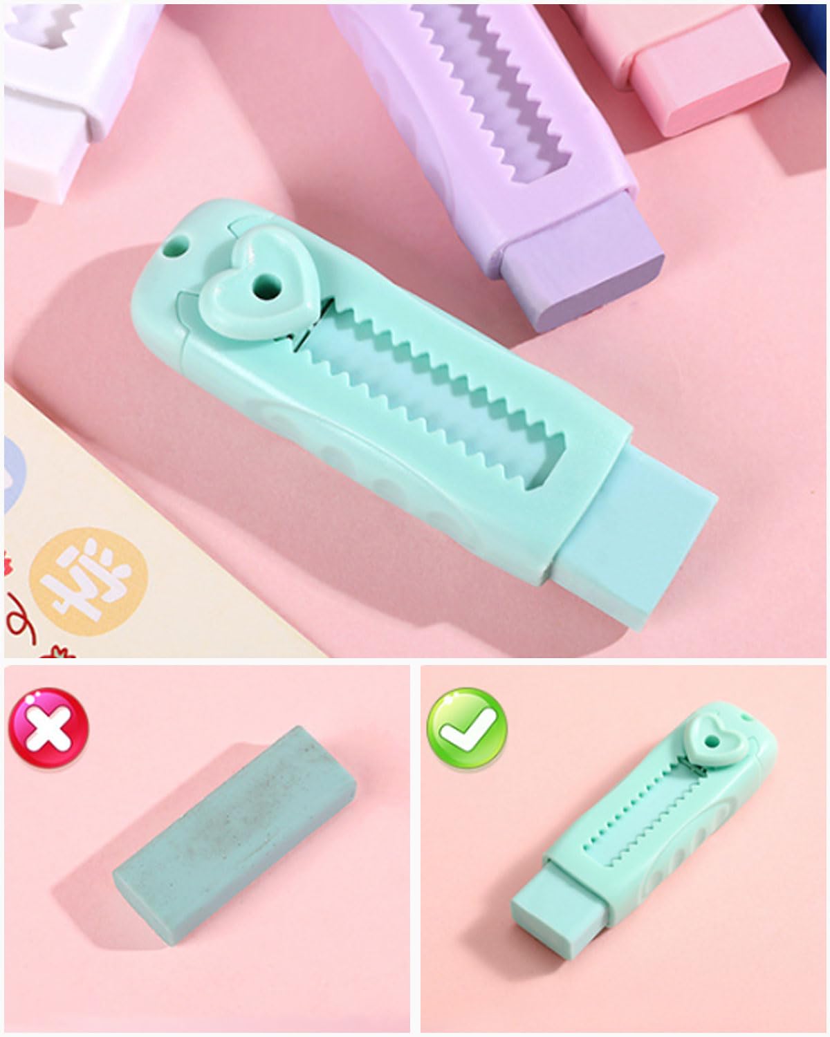 3 portaminas, portaminas con goma de borrar para niños + 4 gomas de repuesto Portaminas con goma de borrar, para escolares Material escolar (rosa)