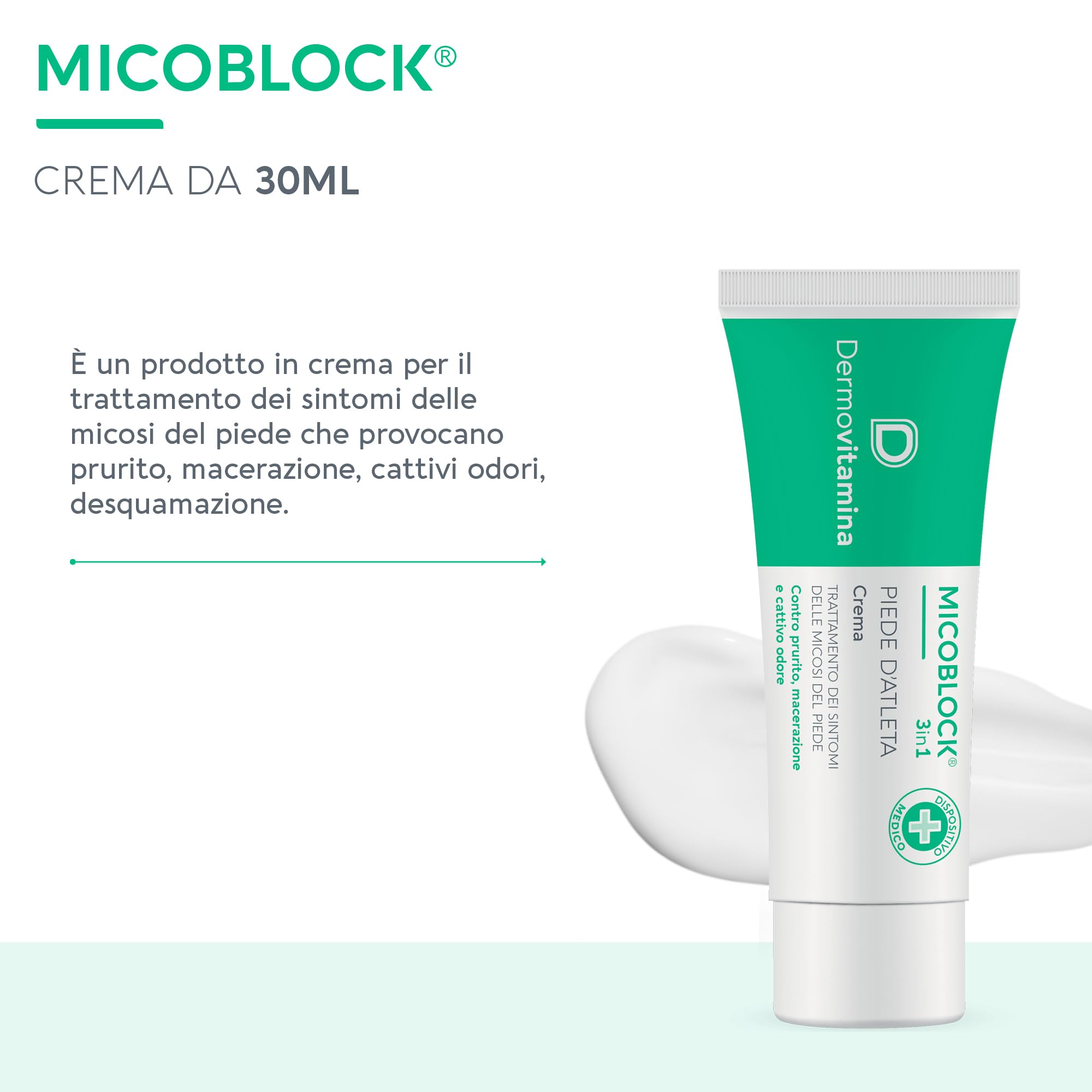 Dermovitamina Micoblock 3in1 Crema Piede d'Atleta - Trattamento dei Sintomi delle Micosi del Piedi - Contro Prurito, Macerazione e Cattivo Odore - Rapida Asciugatura - Senza Acetone - 30 ml