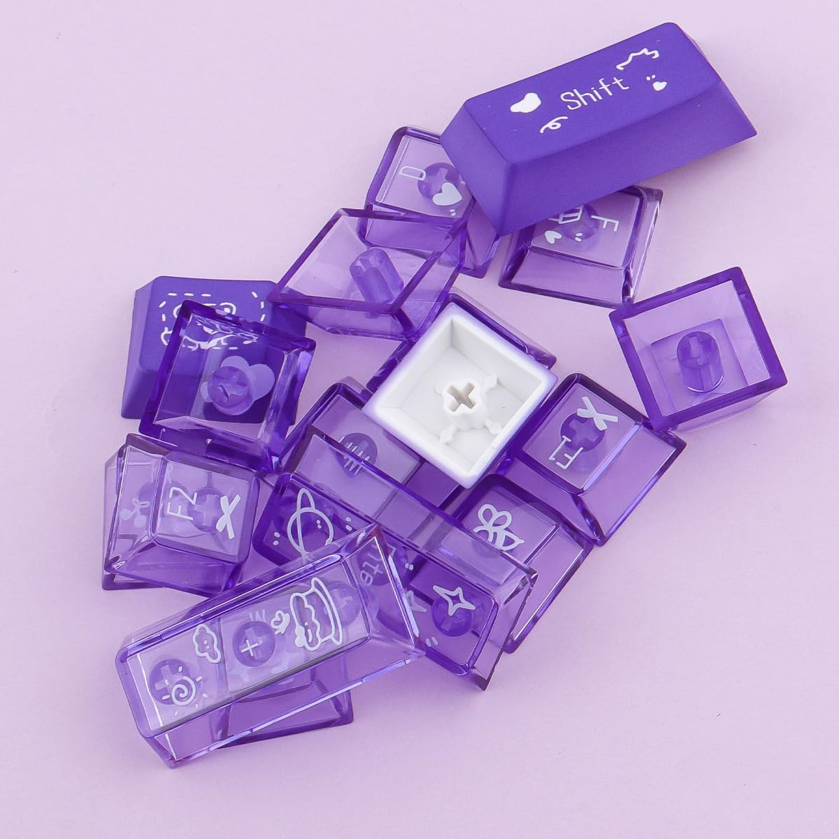 PBT Keycaps + Clear PC Through Keycaps, 150 klawiszy Purple Jelly Cute Pudding Keycap, Double Shot Shine Through Cherry Profile Keycap for Cherry MX Switch ANSI & ISO Layout Mechanical Keyboards