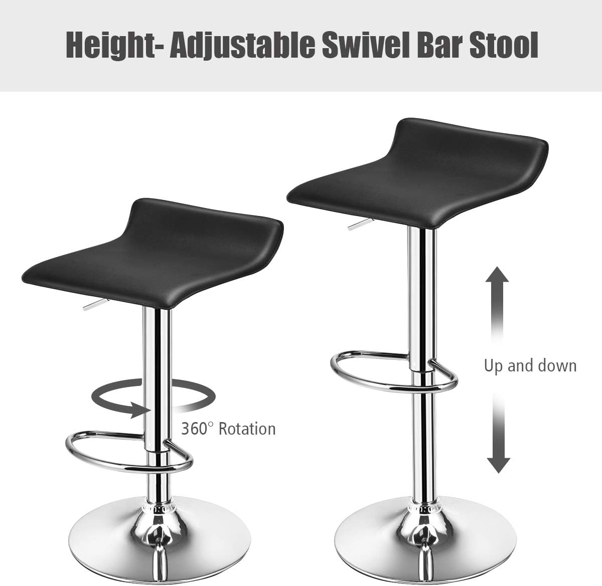 COSTWAY Set Swivel Bar Stools Adjustable Contemporary Modern Design Chrome Hydraulic PU Leather Backless of 2 (Black)