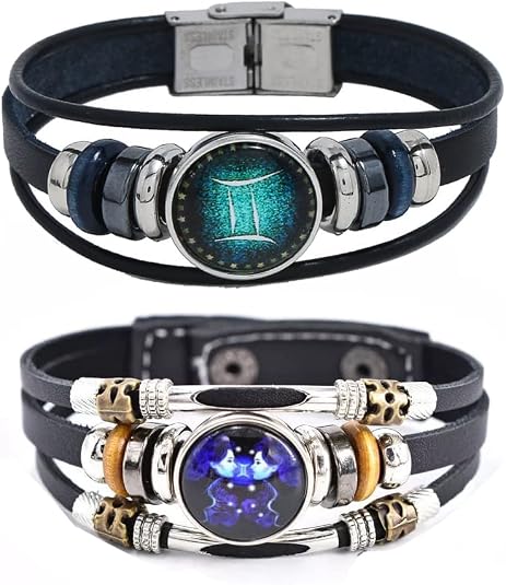 2Pcs Multilayer Constellation Zodiac Leather Bracelet Handmade Woven Zodiac Sign Wrap Bracelet Wristband for Women Men Jewelry Birthday Gift