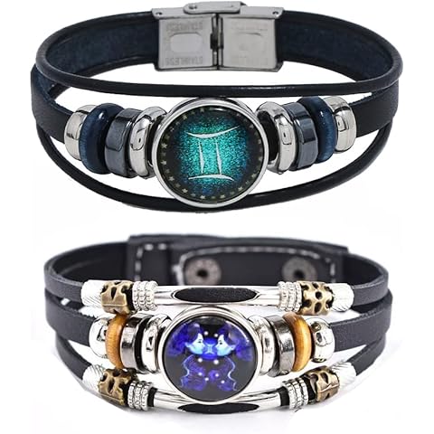 2Pcs Multilayer Constellation Zodiac Leather Bracelet Handmade Woven Zodiac Sign Wrap Bracelet Wristband for Women Men Jewelry Birthday Gift