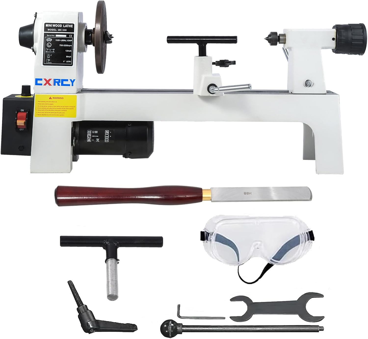 CXRCY Wood Lathe, 8" x 12" Mini Benchtop Wood Lathe Machine 1/3 HP Infinitely Variable Speed 750-3200 RPM with 2 Tool Rests, Lathe Chisel, Goggle for Woodworking, Woodturning