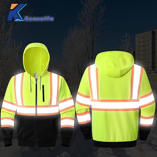 Miniatura 4 de Kazsaifo Sudaderas con capucha de seguridad de alta visibilidad para hombres y mujeres, clase 3, reflectante, con cremallera completa, sudadera de