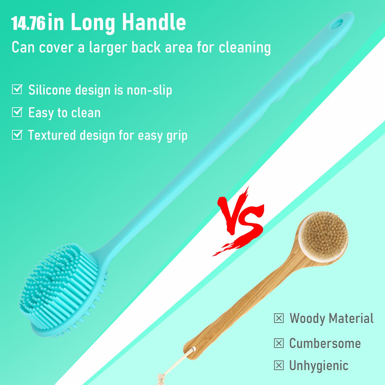 KXF Silicone Back Scrubber 37.5cm Long Handle Double-Sided Shower Body Brush Body Scrubber Bath Wash Brush with Soft Lathering Bristles and Stiff Massage Nodes Gentle Exfoliating Showering Exfoliator - Image 4