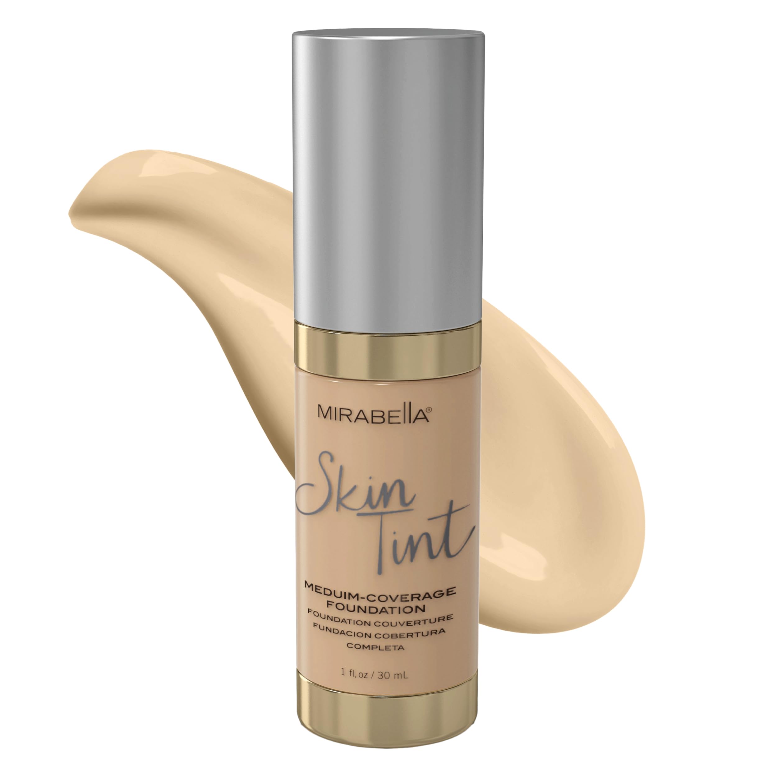 Mirabella Skin Tint Creme Liquid Foundation, Oil-Free Mineral Foundation with Medium Coverage Delivers Age-Defying Benefits and Hydration with Hyaluronic Acid, Squalane, & Allantoin