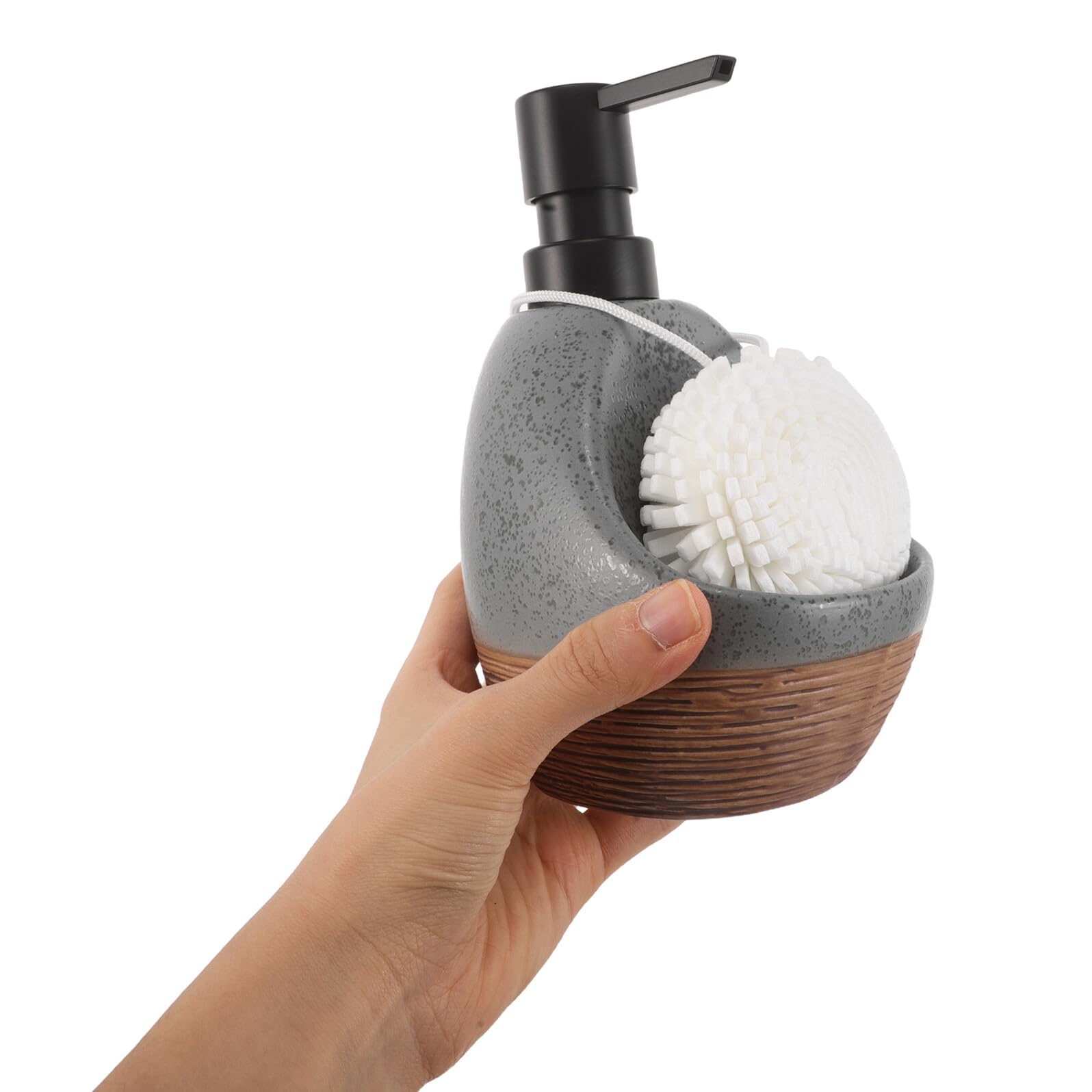 Dispensador de Jabón Líquido de Cerámica Gris, Bomba Dosificadora Antigoteo Recargable, Botella para Baño y Cocina con Organizador de Encimera para Gel Ducha y Champú