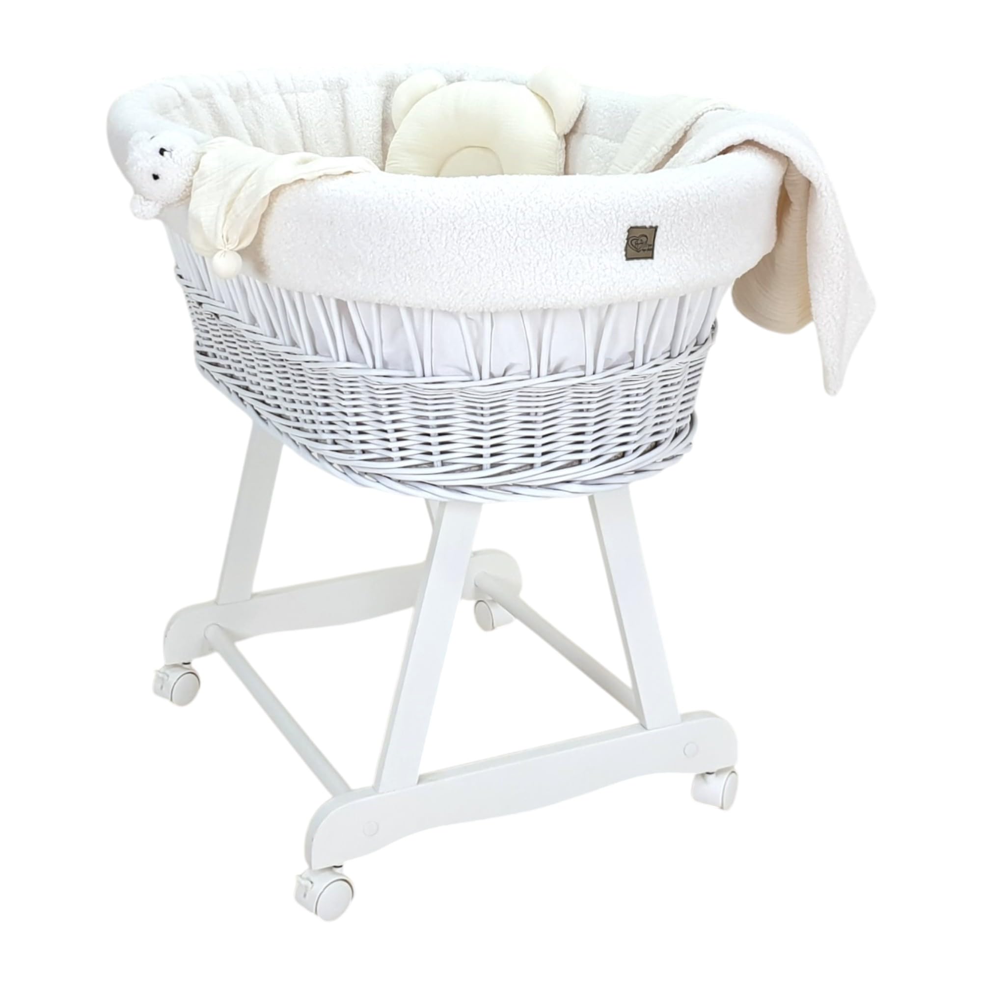 Łóżeczko dziecięce Amelia – ręcznie tkany Mojżesz z materacem i materacem – 5-częściowy zestaw pościeli Teddy Ecru – przenośny wózek na kółkach – idealny dla noworodków