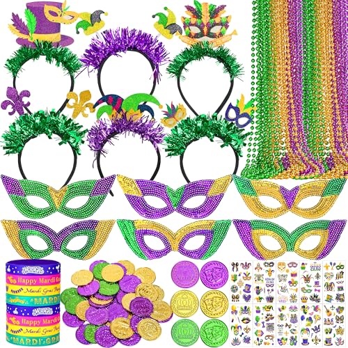 Seifar 172 Pcs Mardi Gras Accessories Set, Purple Green Gold Mardi Gras Beads Necklaces Coins Headbands Bracelets Tattoos for Mardi Gras Masquerade Parade Decor Party Favors Supplies