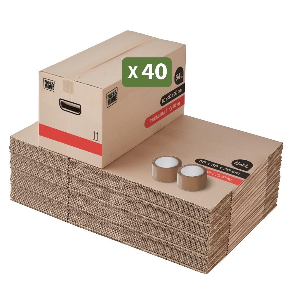 Pack And Move - Zestaw 40 kartonów przeprowadzkowych premium - 60 x 30 x 30 cm - ekstremalna wytrzymałość 25 kg - wielokrotnego użytku - podwójna grubość - wzmocnione uchwyty - 2 naklejki w zestawie