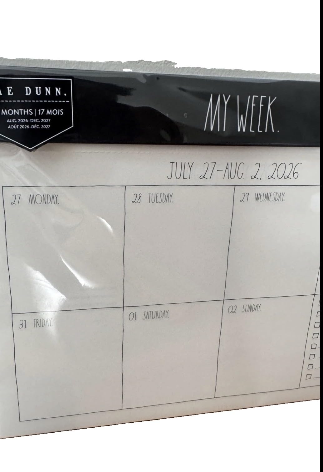 My Week Planner Calendrier scolaire 17 mois mensuel août 2026 à décembre 2027 28 x 22,9 cm Noir