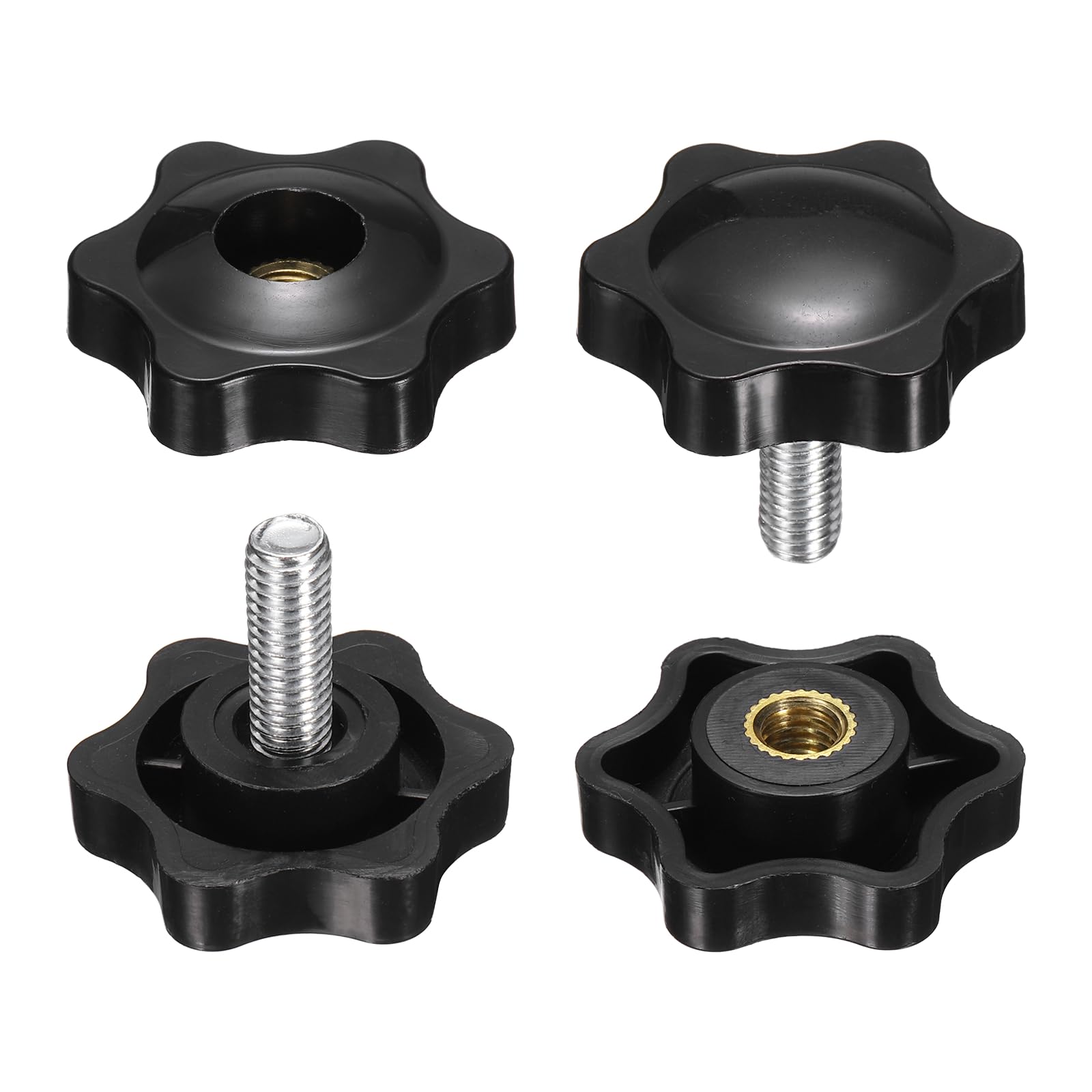 sourcing map 2 Set Star Knobs M6 x 20mm Male + M6 Female Thread 32mm Head Metric 6-Star Threaded Stud Clamping Handles Screw in Through Hole Hand Jig Knob Thumb Screws, Black