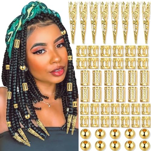 NAISKA 90PCS Gold Hair Jewelry Adjustable Metal Braids Rings, Cuffs & Clips for