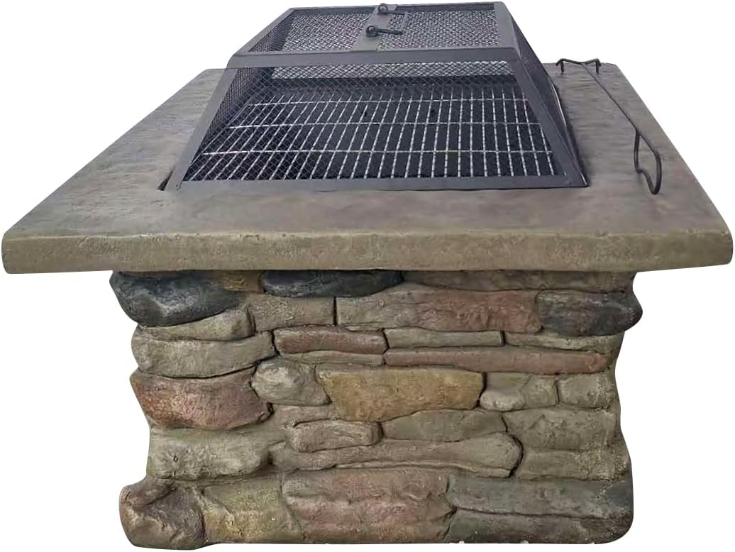 The Cold Remedy Wood-Powered Outdoor Fire Pit Table with Cultured Stone, Iron Insert, Firewood Rack, Spark Screen & Poker