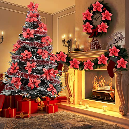 15 Pcs 8.7 inch Artificial Poinsettia Flowers Christmas Glitter Poinsettia with Clips Christmas Poinsettia Decorations Ornament Christmas Flowers (Christmas Red)