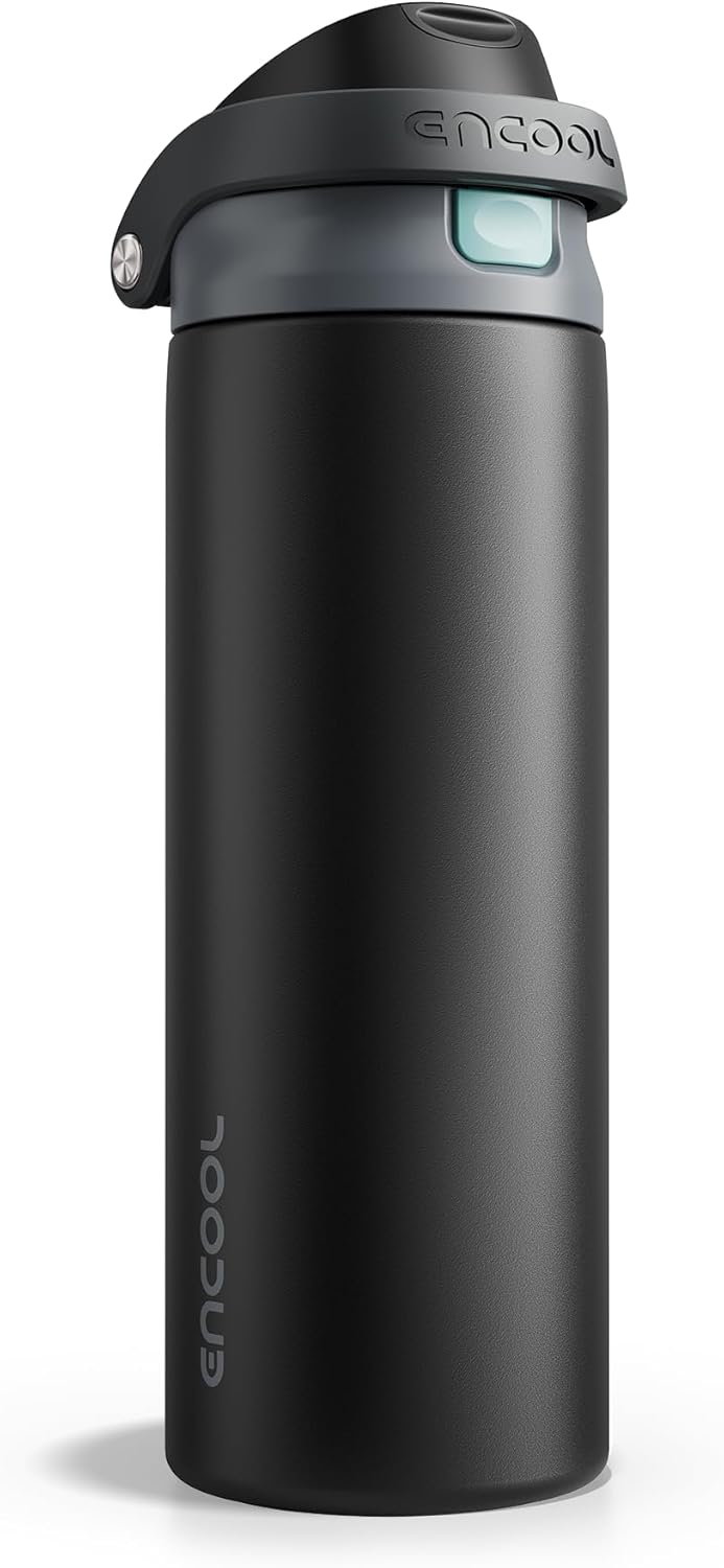 ENCOOL Leakproof Insulated Water Bottle with Straw Dual-Sip Water Bottle Bag-Safe Design for Work, Commute & Gym – Keeps Drinks Cold All Day, 24 oz, Charcoal Gray