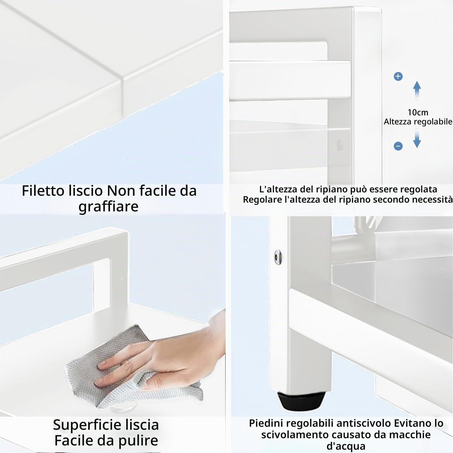 Scaffale allungabile per microonde a 2 ripiani con 6 ganci, supporto per forno a microonde, scaffale da cucina per piano di lavoro, allungabile da 40 a 64 cm, bianco