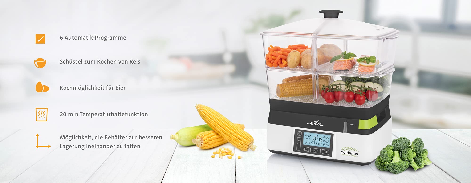 ETA Elektrische Dampfgarer 11l 2 Transparente Behälter 6 Automatische Programme