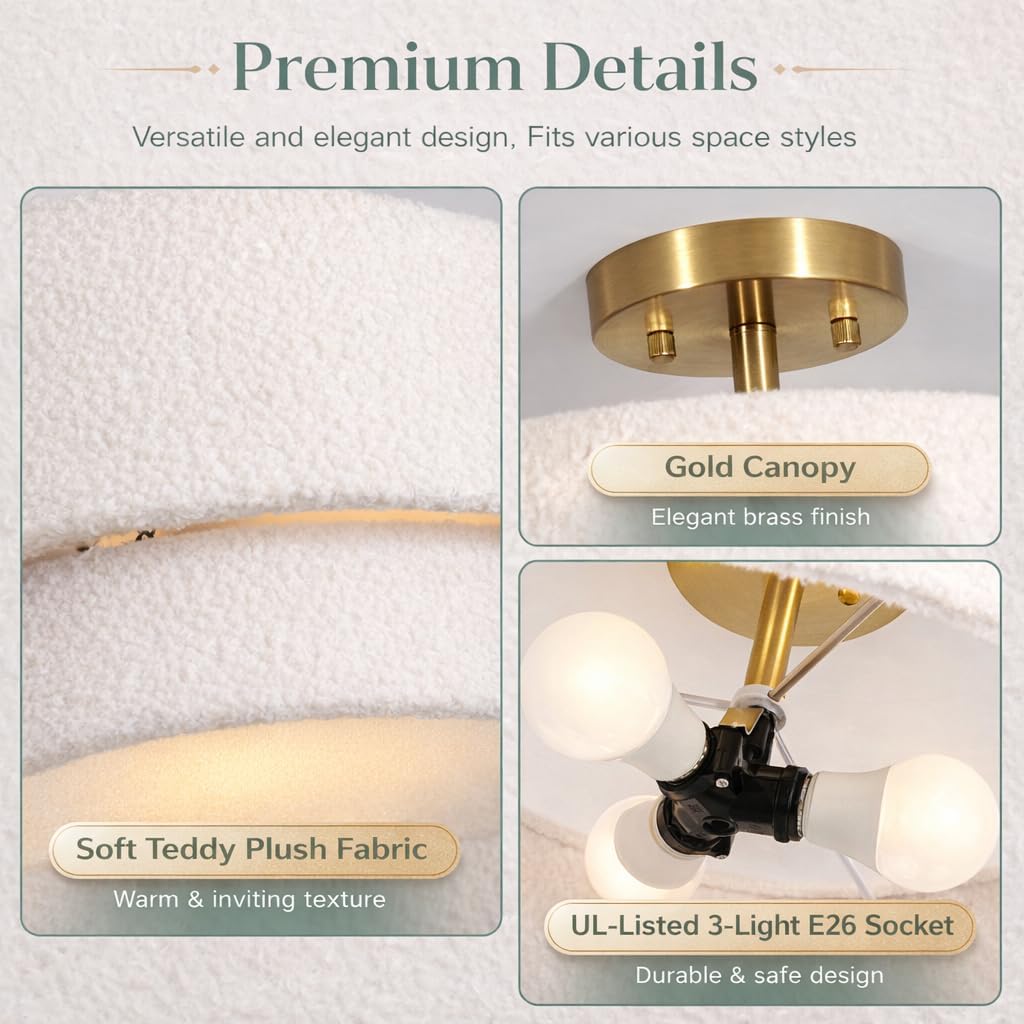 16.5'' Semi Flush Mount Ceiling Light, 3-Light Gold Ceiling Light Fixture with 2-Layer White Plush Shade, Farmhouse Drum Close to Ceiling Light for Living Room, Hallway, Bedroom, Kitchen, Dining Room