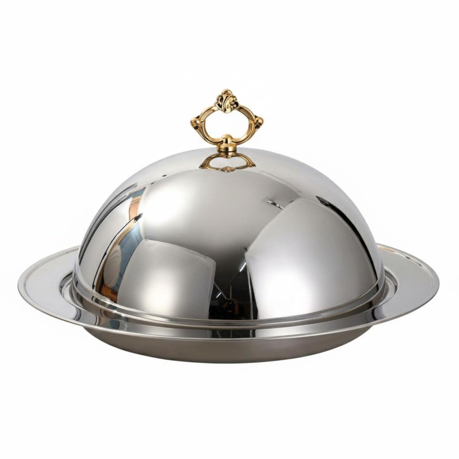 Vassoio Inox Cloche Dome con Coperchio Vassoio Portata Acciaio Piatto Elegante con Manico Dorato Adatto per Servizio Catering Hotel Buffet Presentazioni Gastronomiche, Argento