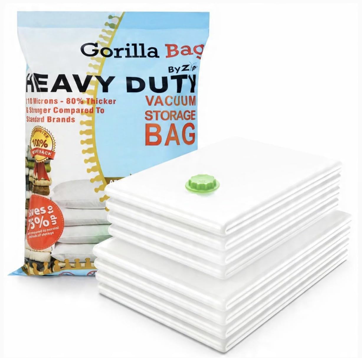 HEAVY DUTY 6 VACUUM STORAGE BAGS by Gorilla Bags. 2 Large (100x80cm), 2 Medium (60x80cm), 2 Small (60x80cm). Double Zip Seal & Unique Turbo Valve Keeps Items Compressed For Longer