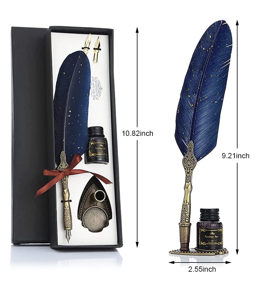 WOLBLIX Feather Pen and Ink Set, Mechanic Style Quill Calligraphy Pen with Ink, 2 Replacement Nibs and Pen Holder, Vintage Signature Fountain Pen Dip Pen Gift Set (Blue) 2