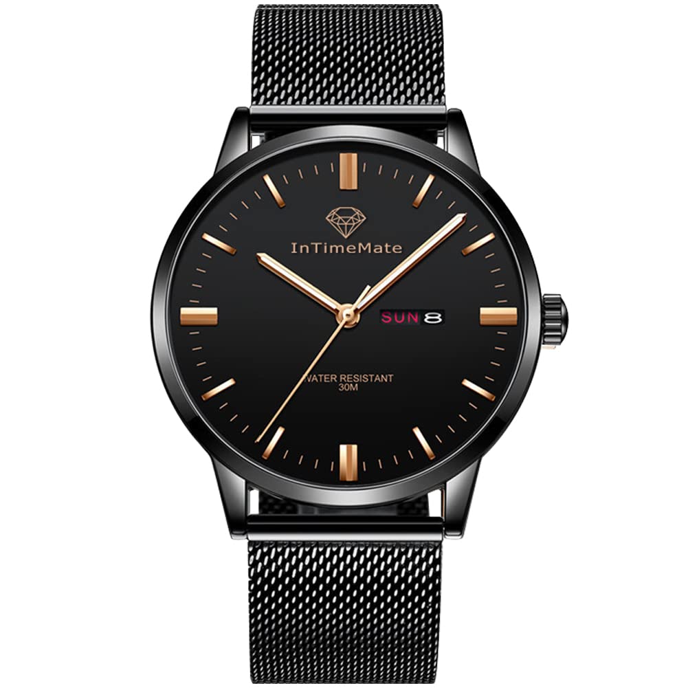 INTIMEMATEMen's Black Watch Analog Wristwatch with Day Date, 41mm Diameter, Stainless Steel Band, 30M Waterproof