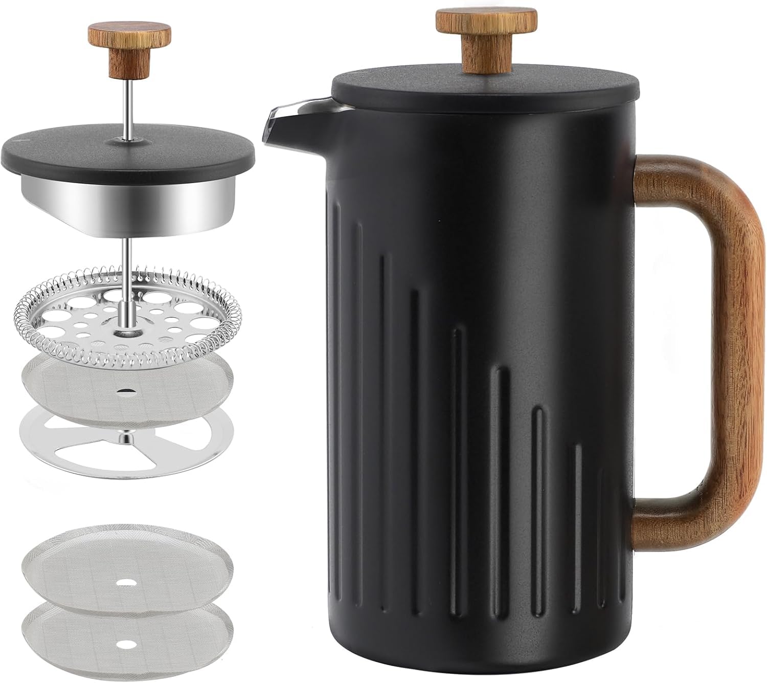 Rorence French Press 1L Edelstahl doppelwandig isoliert – Kaffeebereiter mit Holzgriff & Edelstahl-Filter, Thermo Kaffeepresse für 8 Tassen, inkl Ersatzfilter & Anleitung, Schwarz