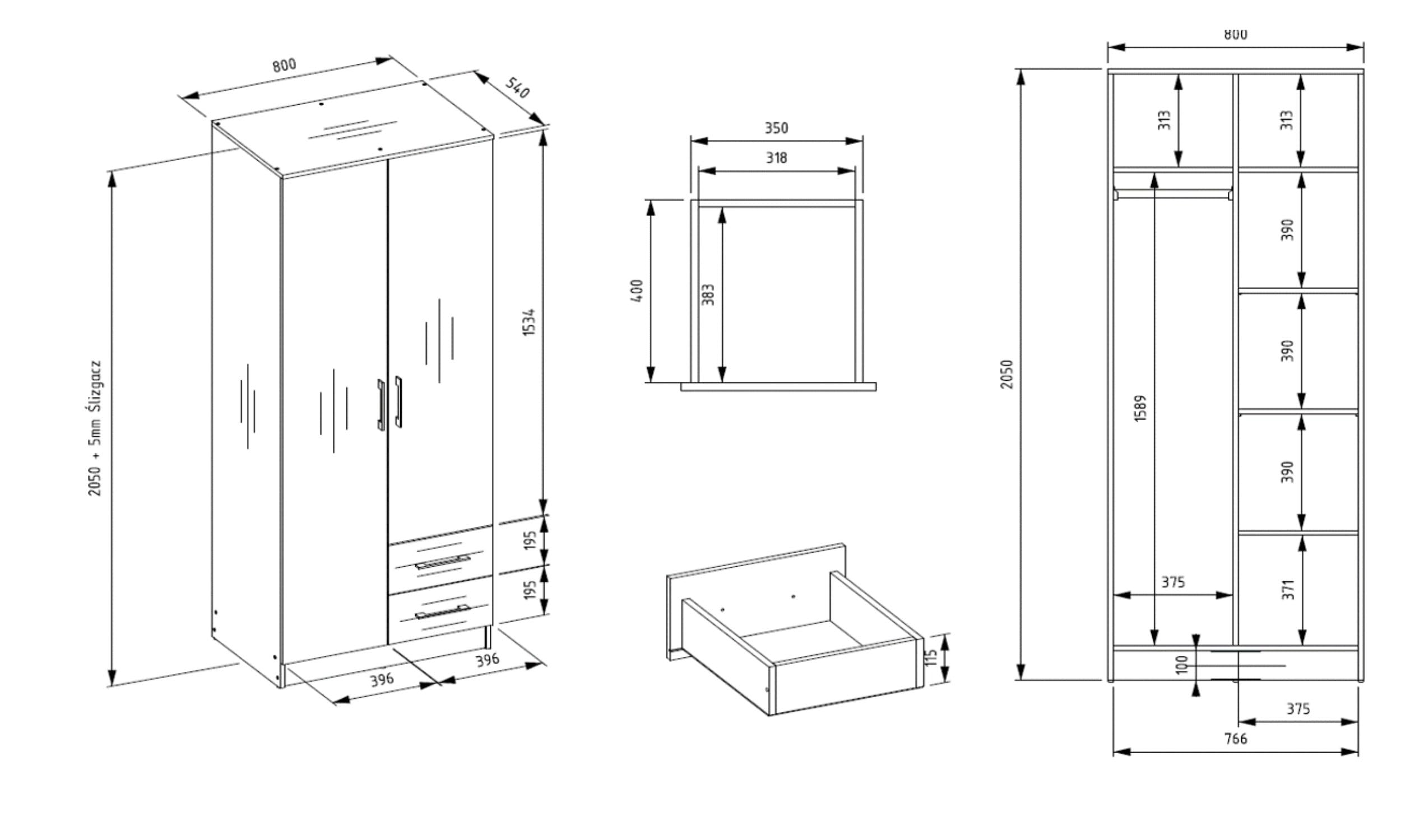 Armadio Salvaspazio 80x205 cm, 2 Ante con Specchio a Destra e 2 Cassetti, Guardaroba Moderno con Appendiabiti e 4 Ripiani, Mobile Camera da Letto e Ufficio, Design Minimal, Bianco Opaco AT16