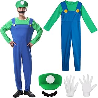 Shengruili Mario Kostüm Luigi Kostüm Set,Luigi Kostüm,Bros Cosplay Kostüm,Damen Herren Outfit für Weihnachten Karneval Faschingskostüme