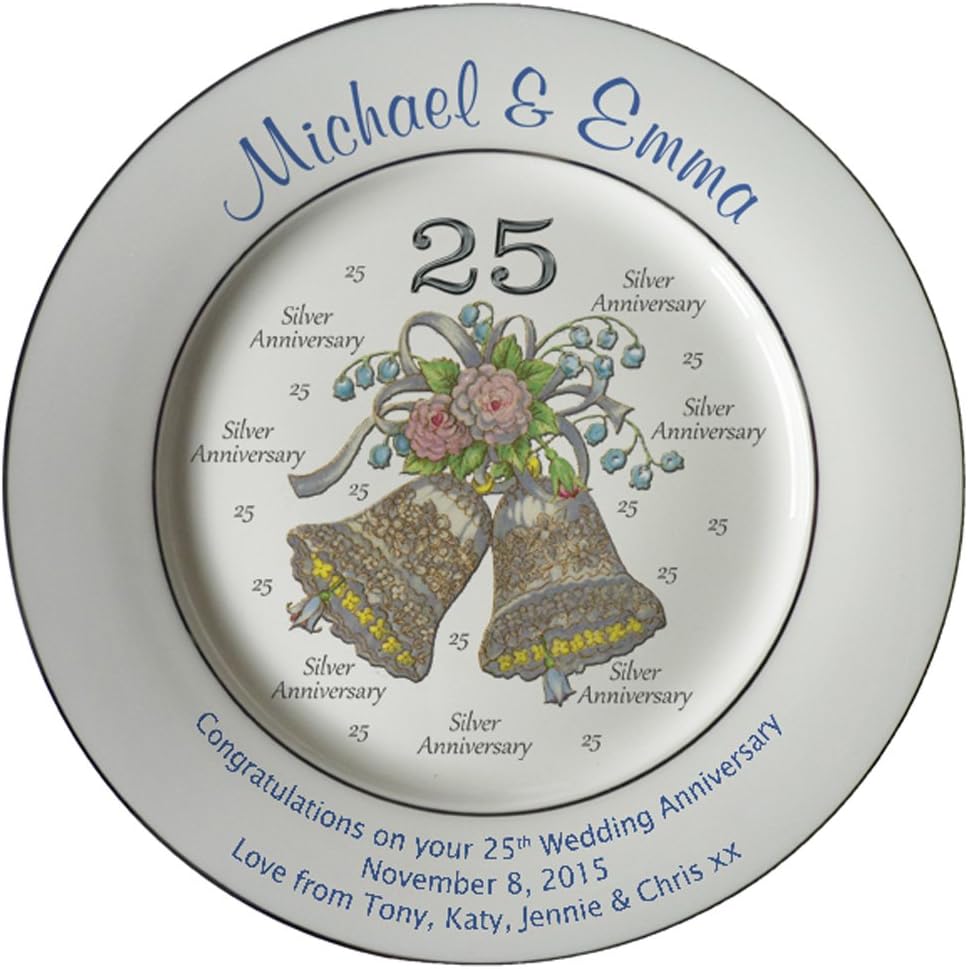 Heritage PotteryPersonalized Bone China Commemorative Plate For A 25th Wedding Anniversary - Wedding Bells Design With 2 Silver Bands