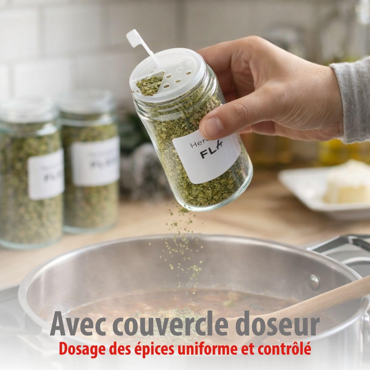 alpina Pot Epices Verre Lot de 12 - Petit Pot en Verre avec Couvercle Bambou et Doseur - Rangement Cuisine et Rangement Epices