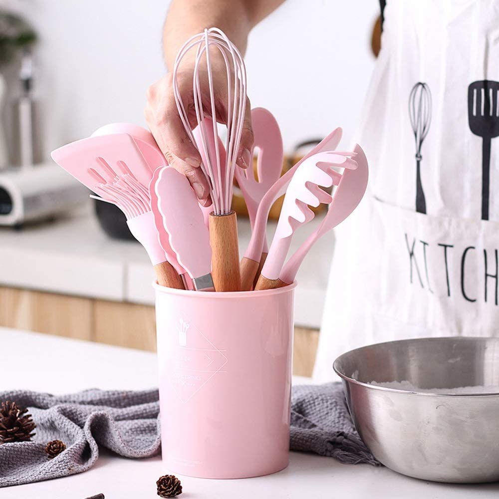Juego de espátula de silicona, utensilios de cocina, sartén antiadherente, espátula de cocina con fugas especiales, mango de madera resistente a altas temperaturas, cubo de almacenamiento para hornear