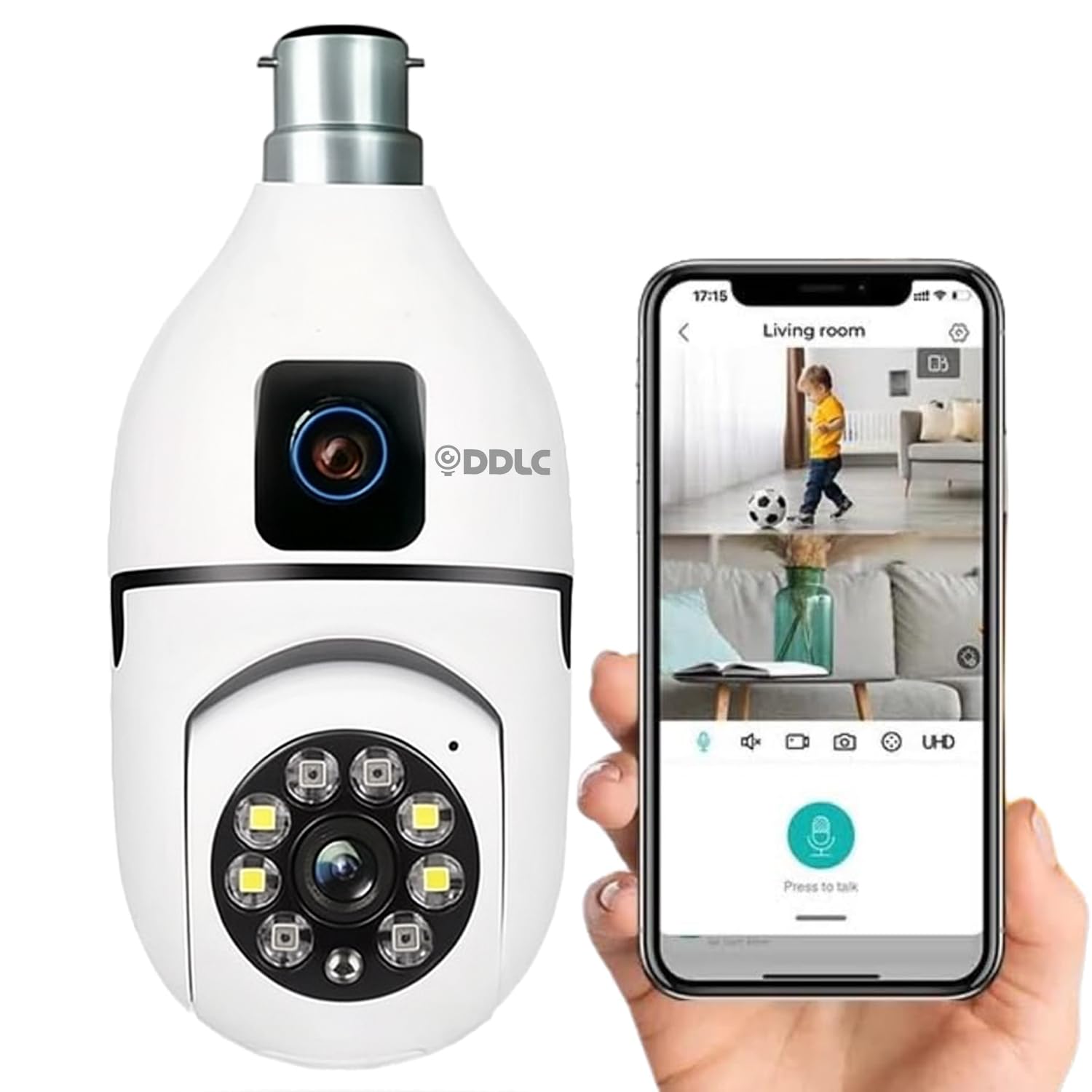 DDLC 4MP HD Dual Lens WiFi Bulb Camera, with 360° PTZ Rotation, IR + Color Night Vision, Two-Way Audio, 4X Digital Zoom, Motion Detection, and Remote Viewing (Double Screen) (Dual Lens Light Bulb)