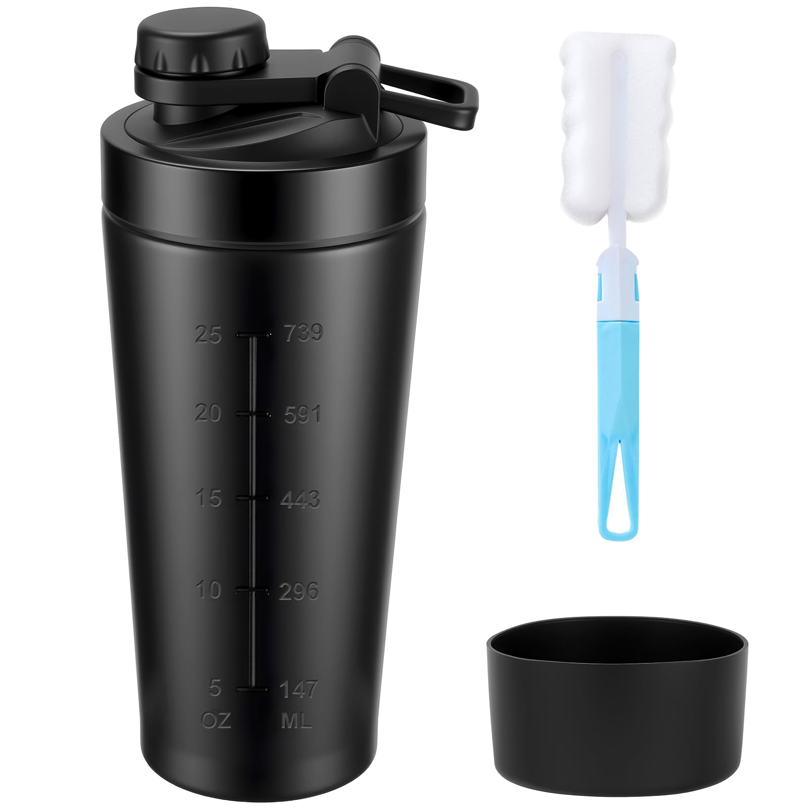 Alaoo Edelstahl Protein Shaker, 750ML Shaker für Proteinshake mit 1 Schaumstoffbürste, 1 Untersetzer, 1 Filter, BPA-frei und Auslaufsicher Protein Shaker für Proteinpulver und Proteinshakes (Schwarz)