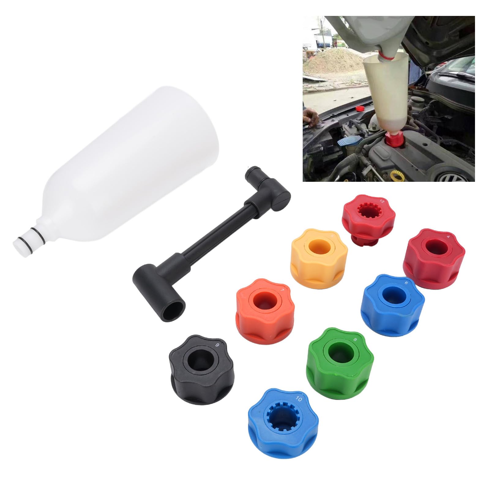 Naroote Set Imbuto Olio per Motore, Kit Erogatore Automobilistico da 10 Pezzi con Estensione Flessibile e 8 Adattatori per Olio, Set Imbuto Erogatore Motore