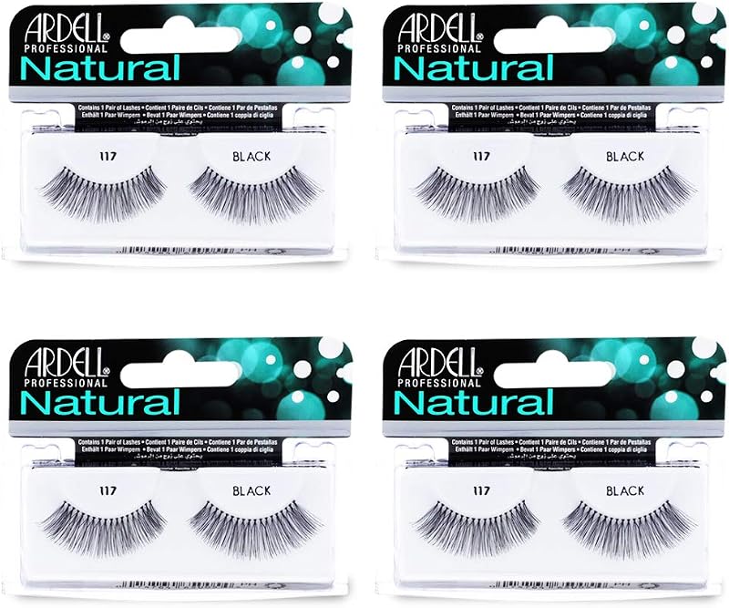 Cílios postiços Ardell 117 pretos com faixa Invisiband, modelo curvado, pacote com 4