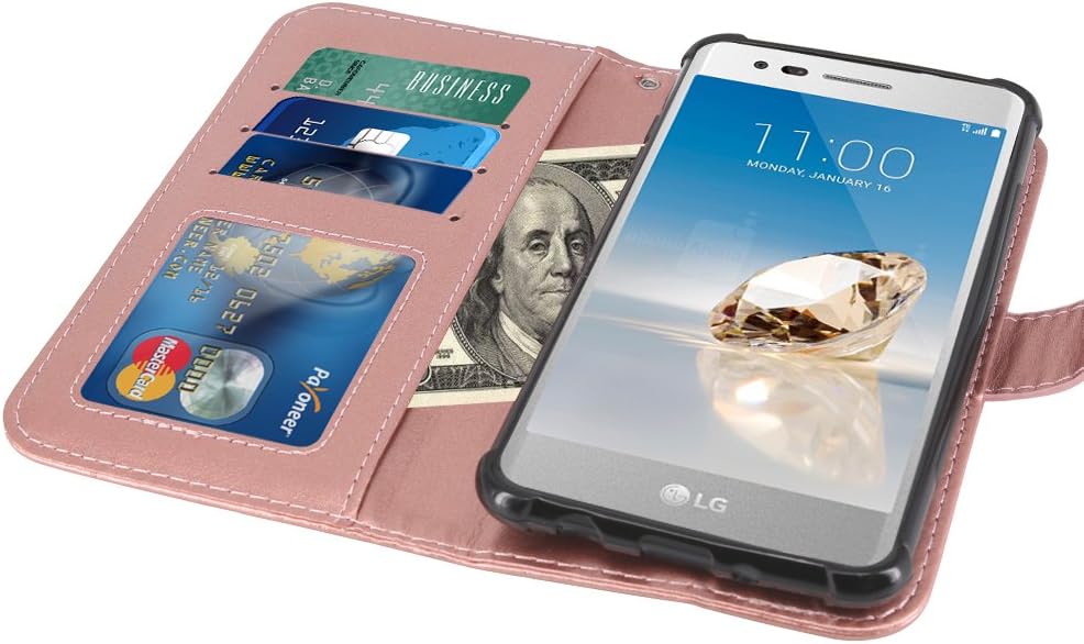 LG Aristo Case, LG Phoenix 3 Case, LG K8 2017 Case, LG Fortune Case, LG Risio Case, LG Rebel 2 LTE Case, LK Luxury PU Leather Wallet Flip Protective Case Cover with Card Slots and Stand (Rose Gold)