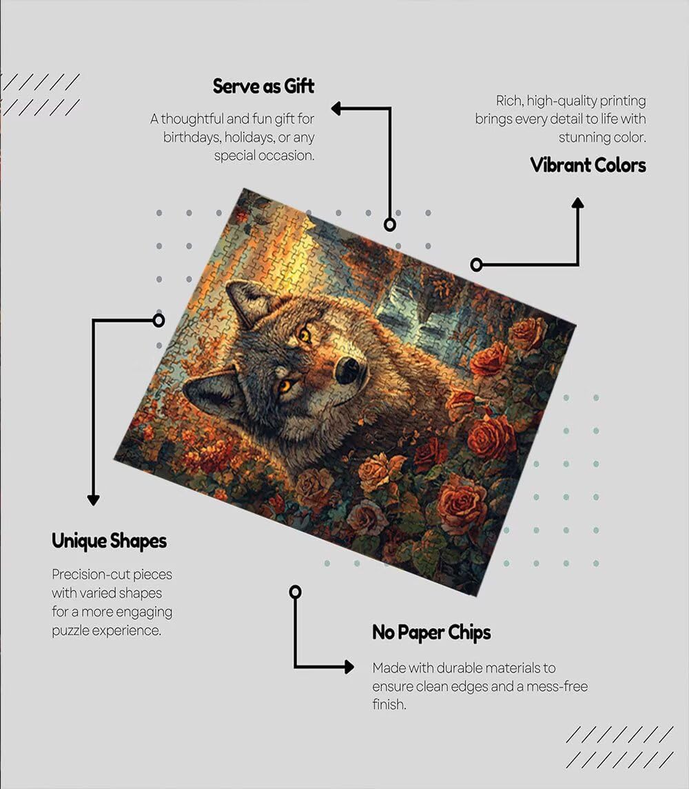 Puzzle 1000 elementów, wilk kwiatowy puzzle dla dorosłych 1000, niemożliwe klasyczne układanki, drewniane układanki, gra rodzinna, do gry edukacyjnej wyzwanie zabawki, dekoracja ścienna prezent BXHZW5