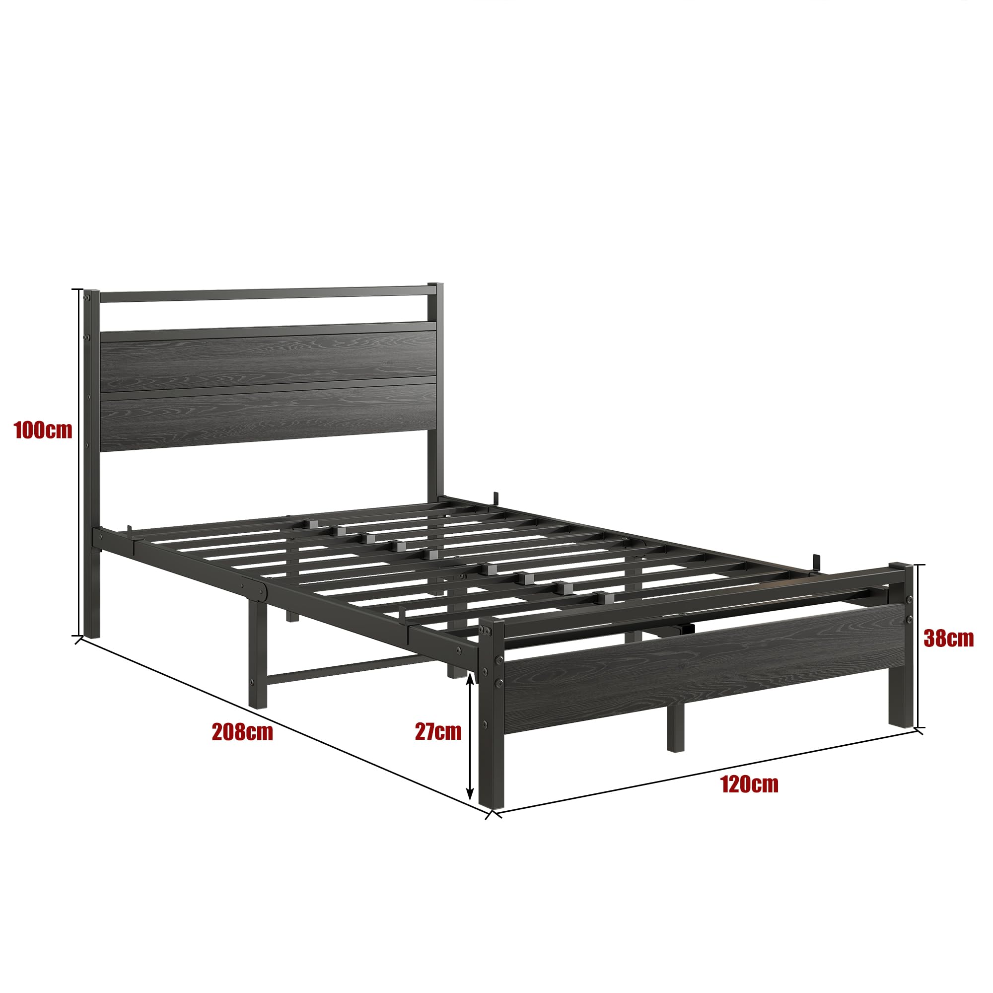 Bed 90x200 JELUTE Metalen Platformbedframe 90x200 Cm – Zwart Stalen Frame Met Houten Hoofdeinde, Geen Boxspring Nodig | Eenvoudige Montage Hoofdeinde Houten Design