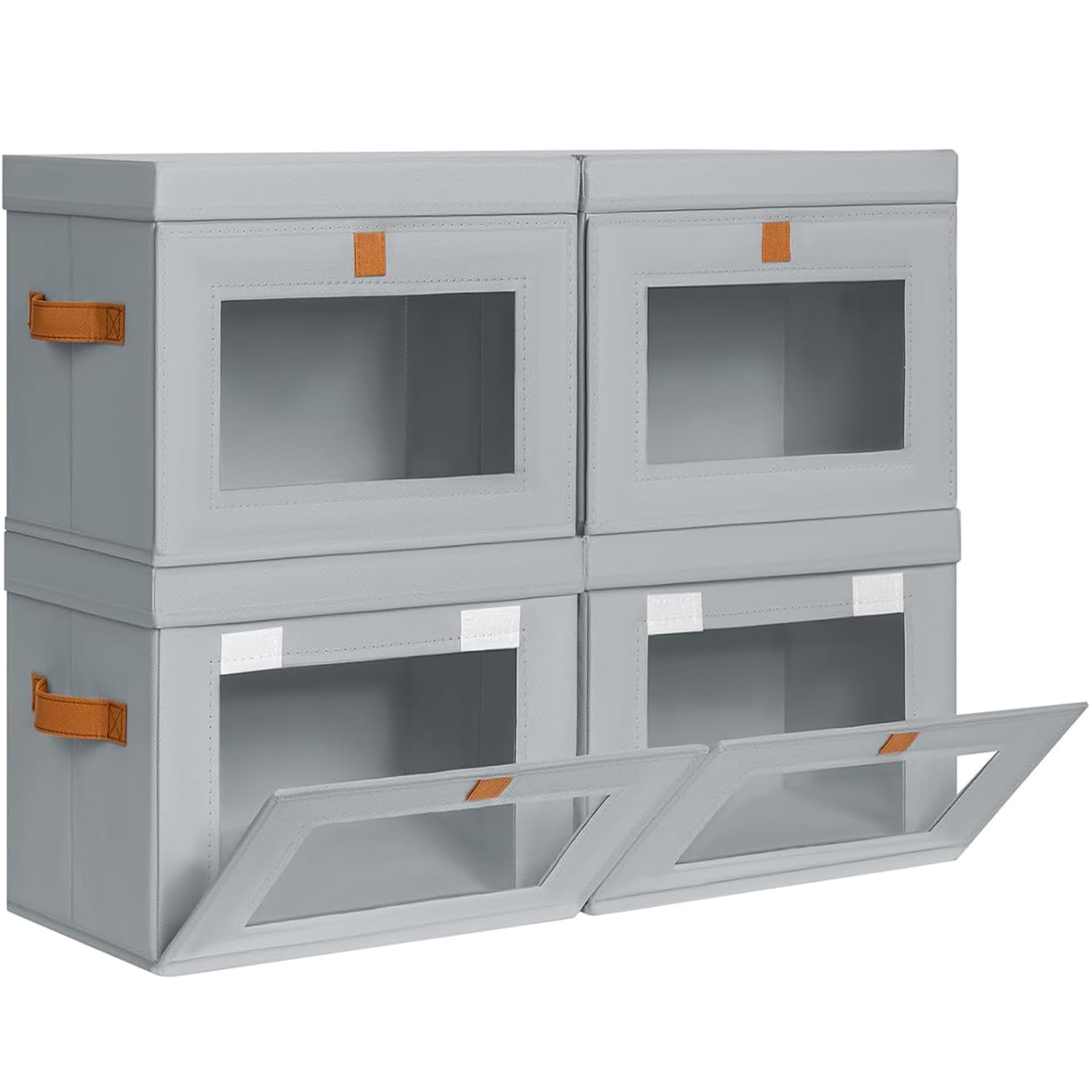 Homsorout Aufbewahrungsboxen mit Deckel - 4er Set Aufbewahrungskorb Stoff Faltbare Aufbewahrungsbox mit Transparentem Sichtfenster, 35 x 25 x 25 cm Faltbox für Kleidung, Würfelregal, Grau