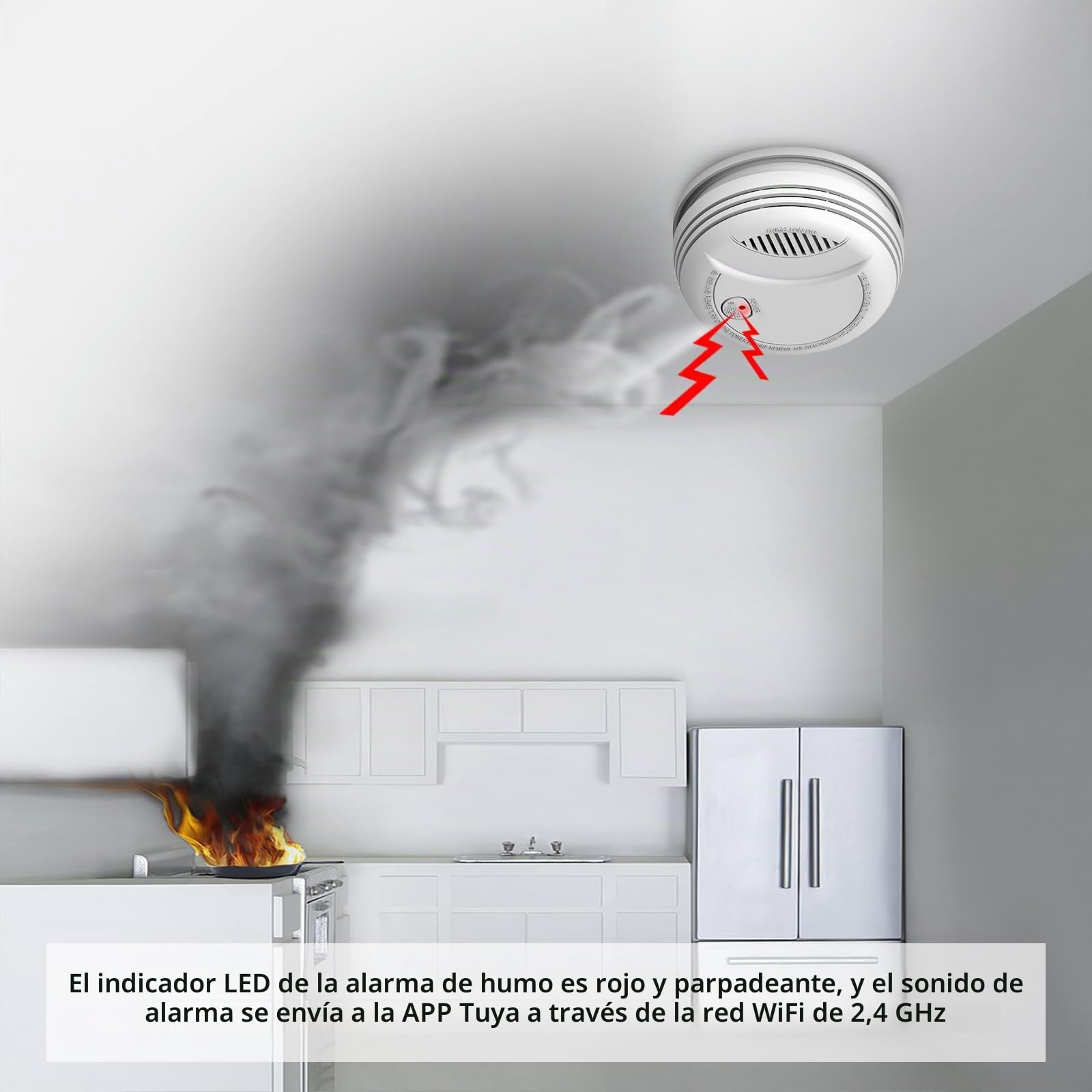 WiFi Detector de Humo, Sensor de Alarma contra Incendios inalámbrico, Sirena de Alarma contra Incendios inalámbrico Smart Life/Tuya con batería de 9V, Certificado EN 14604 (5 Piezas)