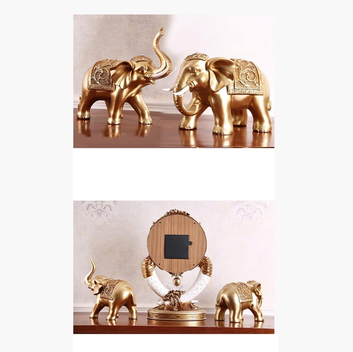 Mantle Clock 3-Piece Set of Elephant Clock Living Room Decoration Table Clock Old-Fashioned Retro Home Desktop Fashion Clock Decoration Desk Clock Vintage Mantel Clock (Color : Brass)