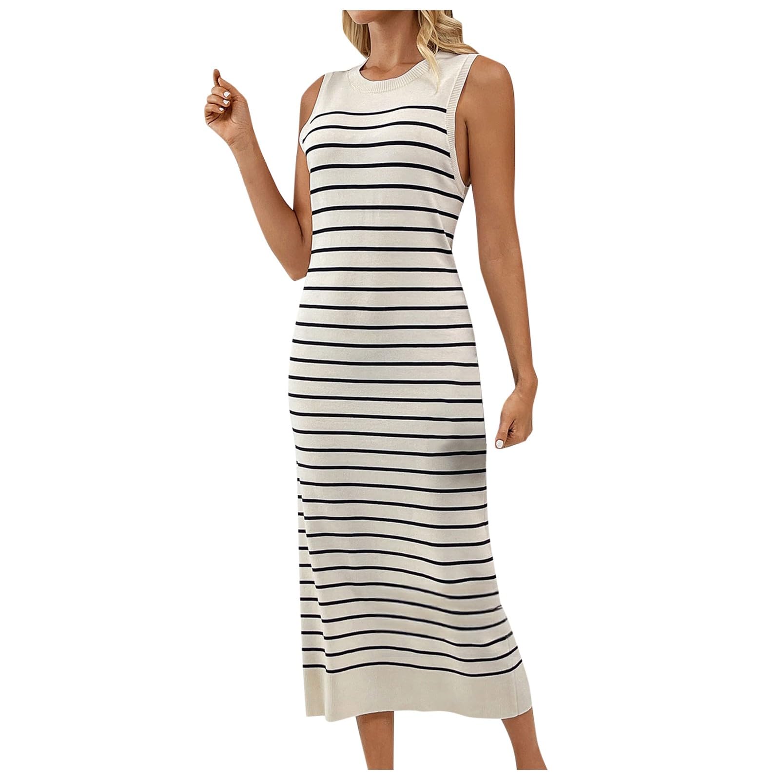 ZWXIN Vestido Mujer Elegante 2024 Casual Vestido de Verano Mujer Ligero Rayas Estampado Vestido de Punto Sin Mangas Largo Vestido de Playa Vestido Casual Vestido de Playa Vestido Casual Verano Vestido Largo