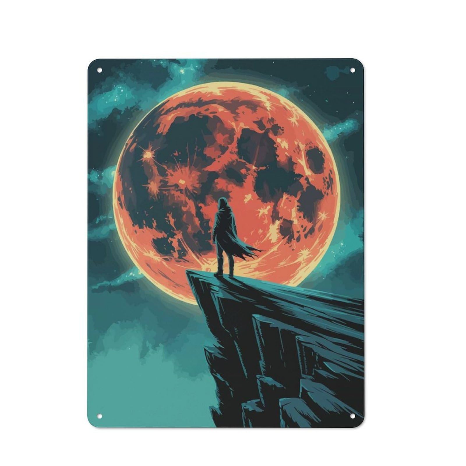 Junmoney Silhouette On Cliff With Red Moon Tin Wall Plaque 40X30cm With For Hobby Room Or Studio, For Updating Hobby Room And Studio After Moving