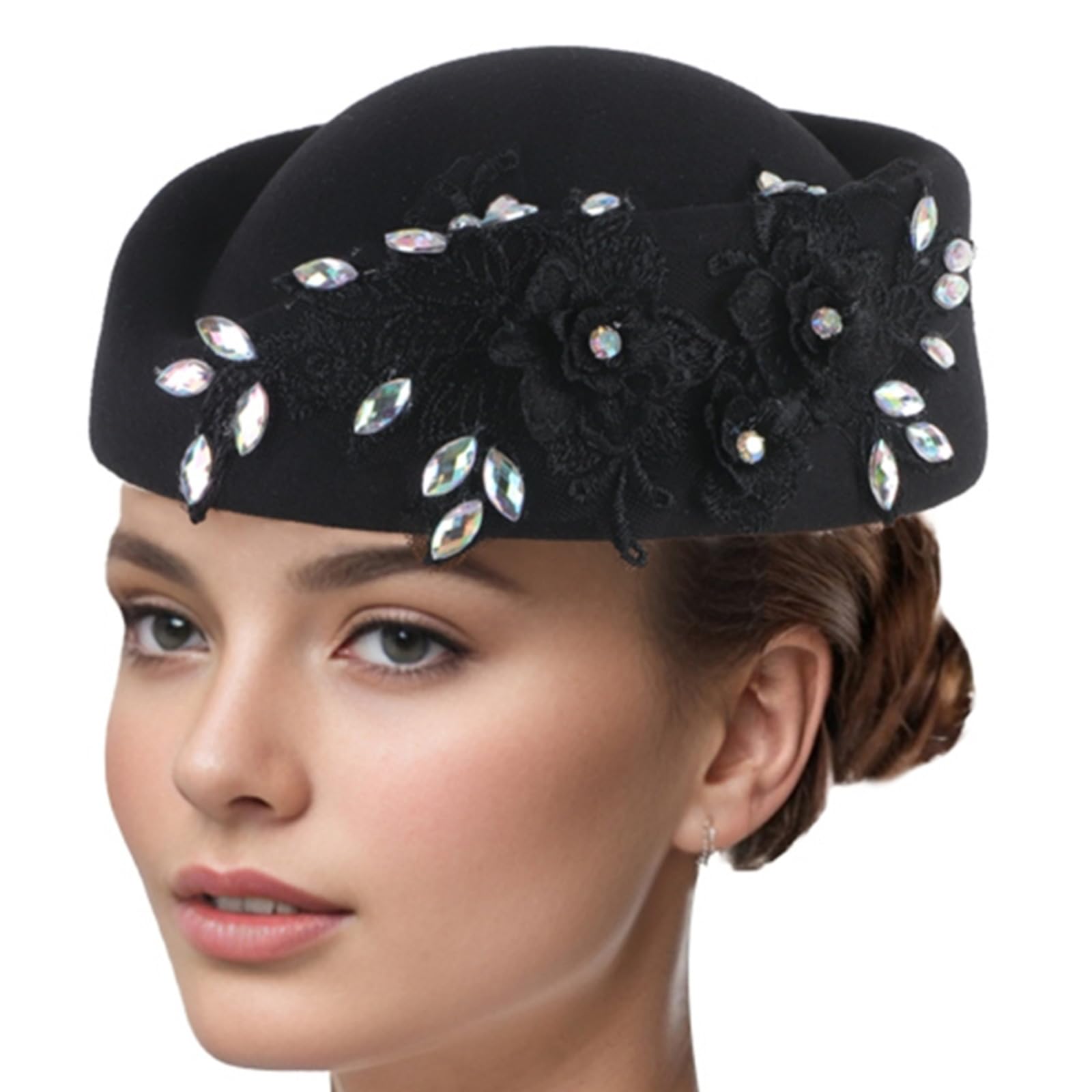 Yunness Women's Black Rhinestones Flower Fascinator Hat For Teaparty Cocktail Party Pillbox Hat Roleplay Bowler Hat For Formal Occasion