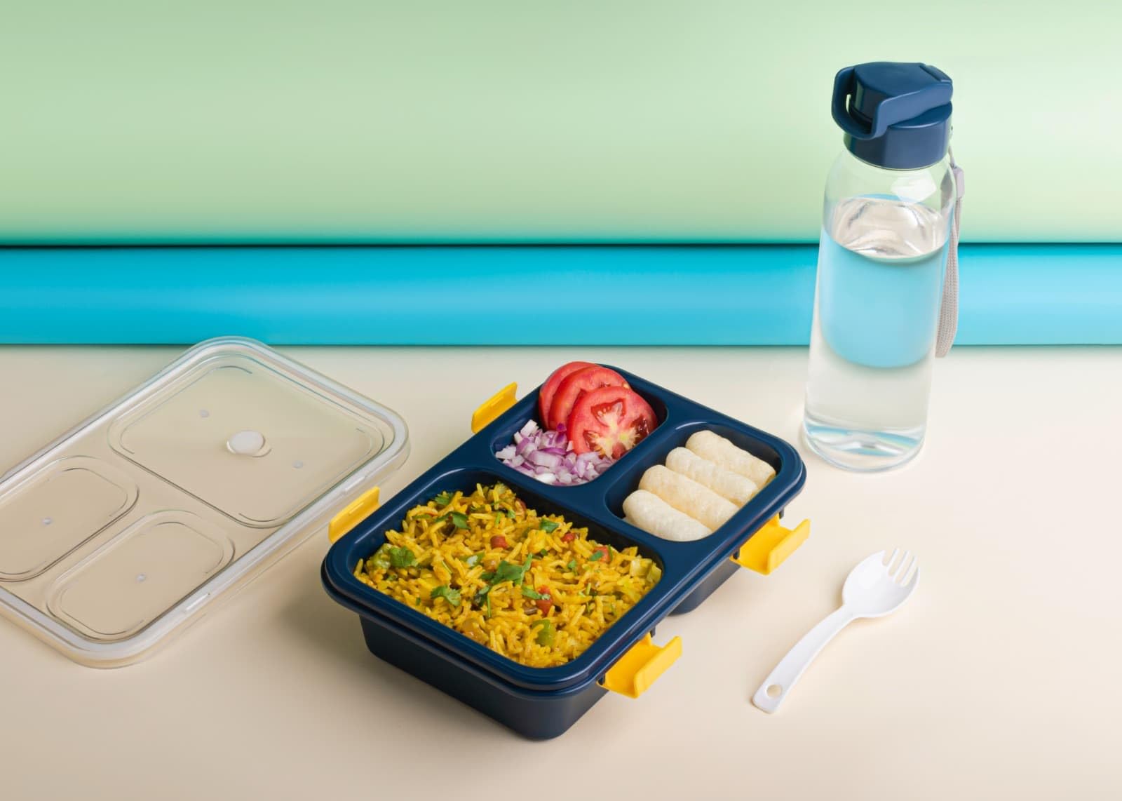Plastic Lunch Box with 3 Compartments, Leakproof Container with Lid and Water Bottle, Lunch Dabba with Spoon & Bottle (Neavy Blue)